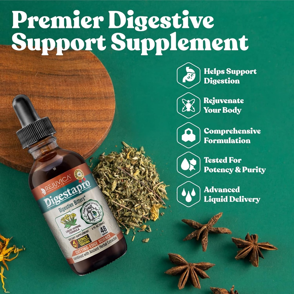 Rejuvica Health DigestaPro - Advanced Digestive Bitters Supplement - Liquid Delivery for Better Absorption - Gentian, Artichoke, Burdock, Chanca Piedra, Ginger &amp; Más! ...