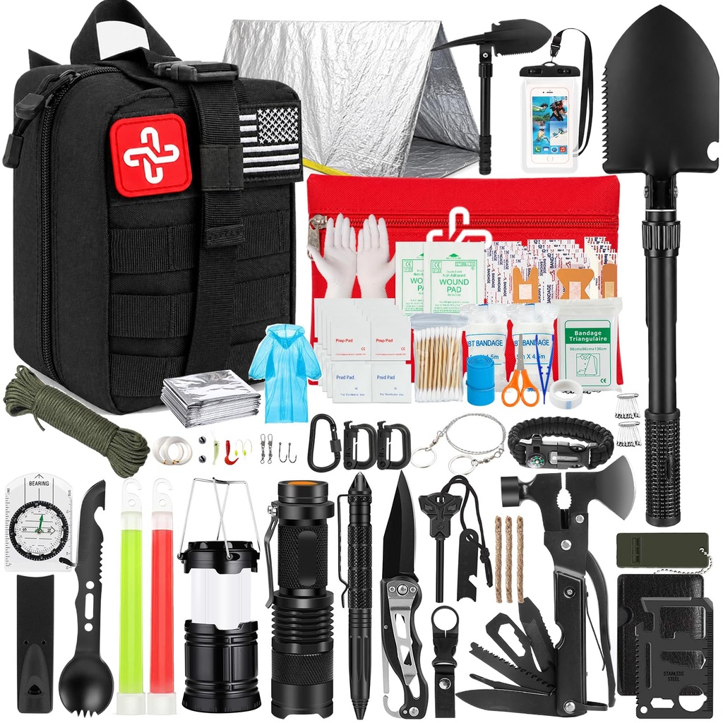 Kit de supervivencia, 250Pcs Equipo de primeros auxilios con sistema de moldes Bolsa compatible y tensión de emergencia, kit de emergencia para terremotos, aventura al aire libre, senderismo, caza, regalos para mujeres hombres