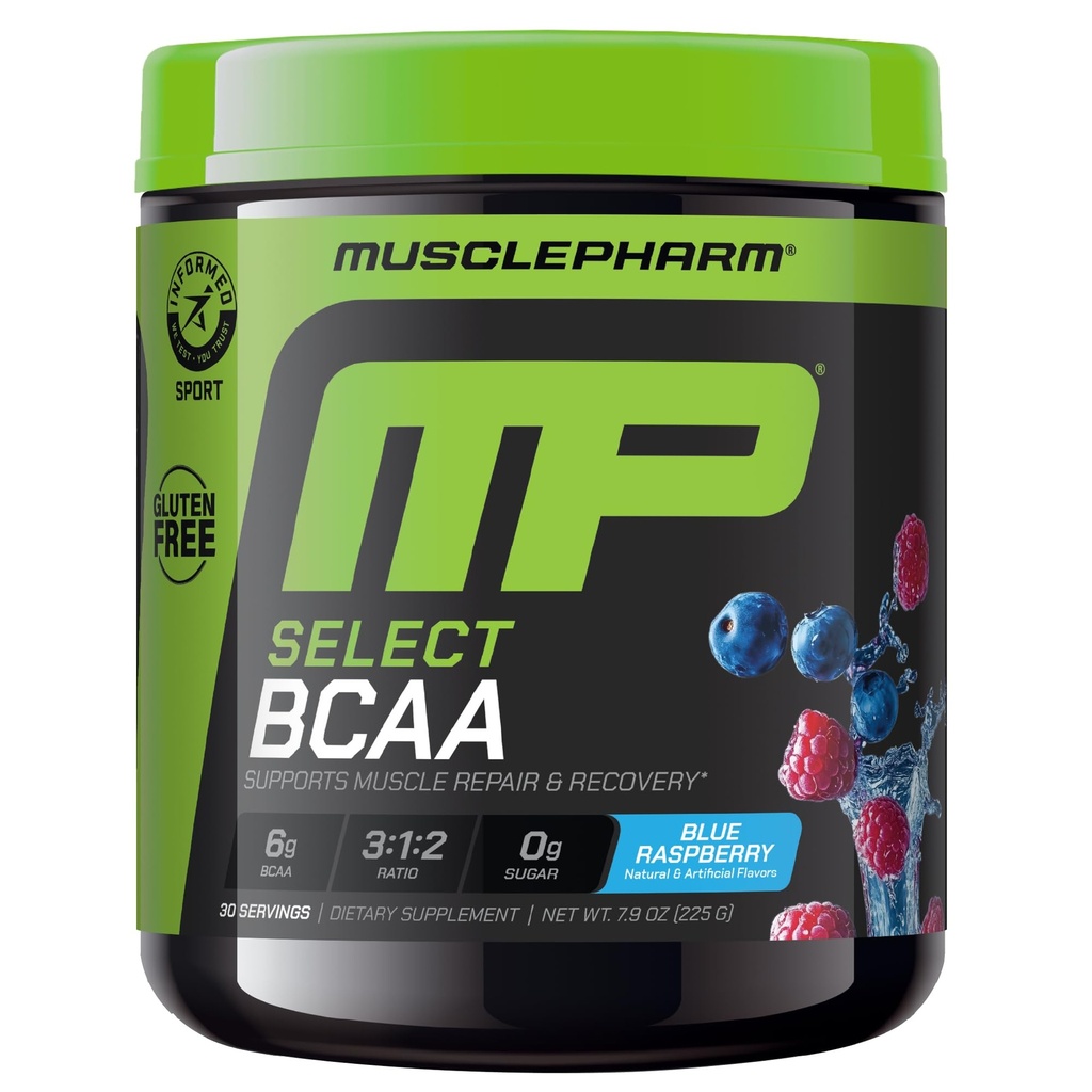 MusclePharm Essentials BCAA Powder, Pre &amp; Post Workout Recovery Drink, Supports Muscle Recovery & Energy Production, Essential Amino Acids Supplement, 30 Servings, Blue Raspberry Flavor