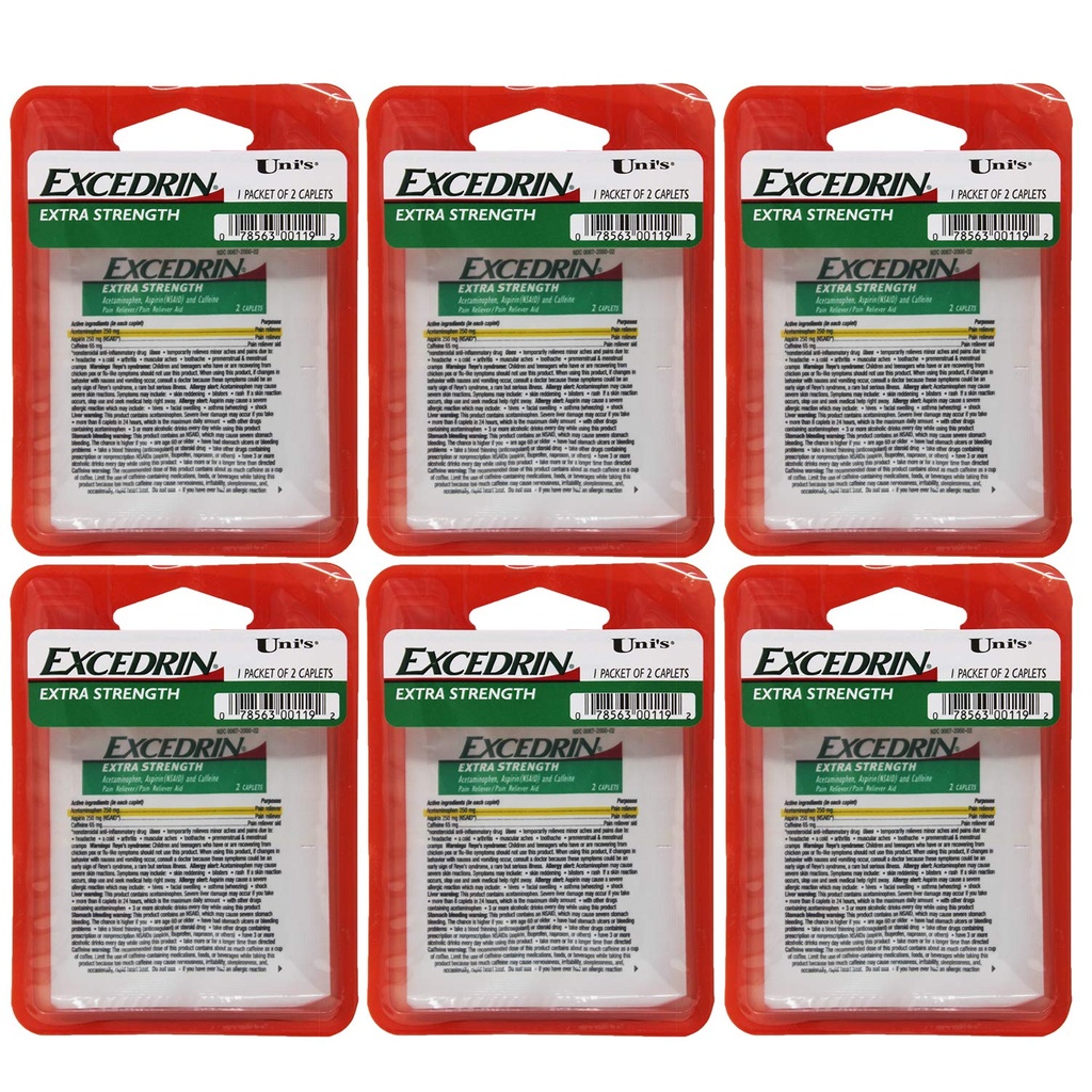 Extra Strength 6 de Uni's Excedrin Extrength 6 Conde Single Dose Relief 2 caplets en cada paquete. Ayuda a aliviar dolor de cabeza, dolor de estómago, dolor de espalda, calambres menstruales, colon común y dolores musculares.