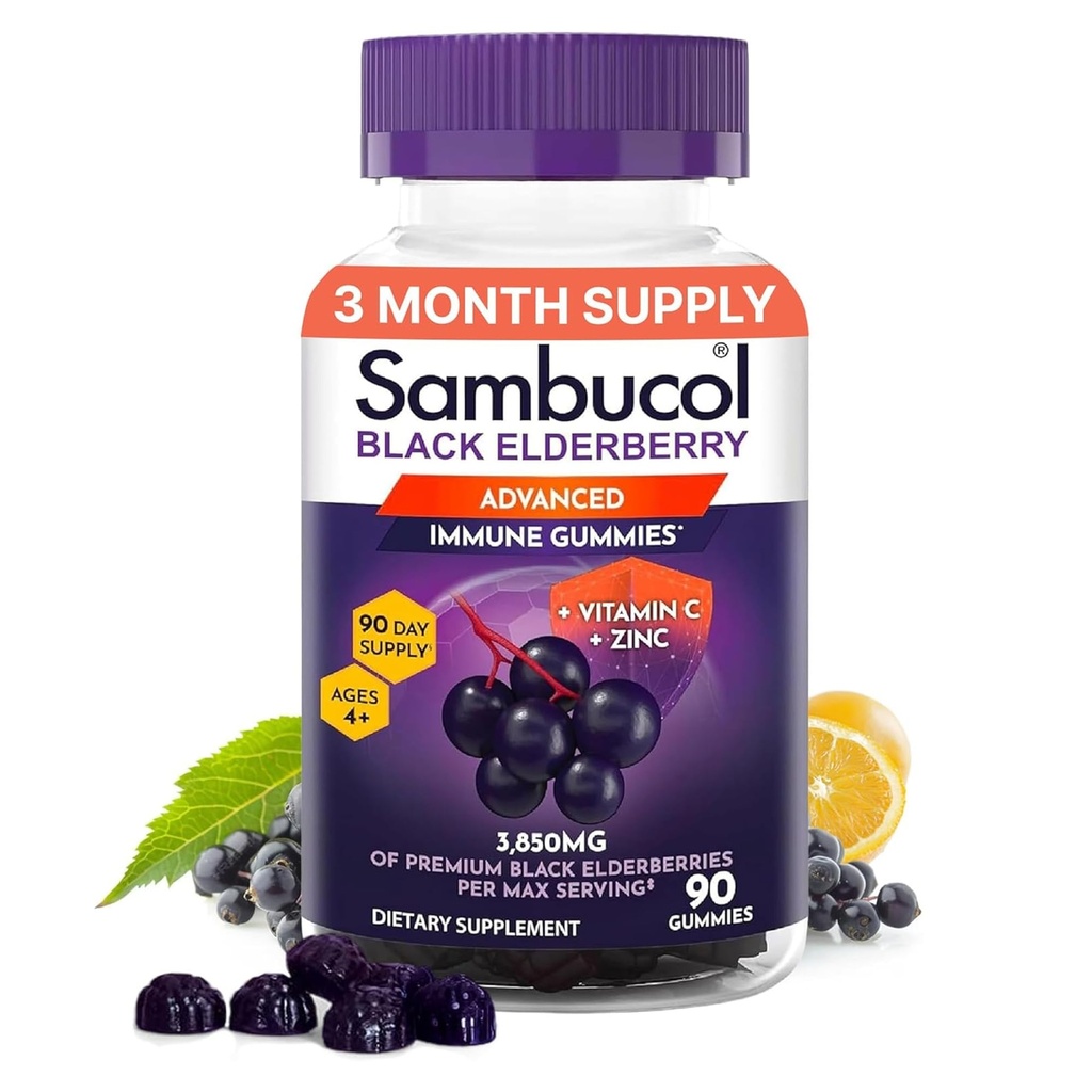 Sambucol Gummies de arándano para adultos con vitamina C; Zinc; Sambucus Gummies de arándano para apoyo inmunitario con antioxidantes altos; Gluten Gratis; Vegan; 1 Gummy Por Servir; 90 Conde (90 Day Supply)