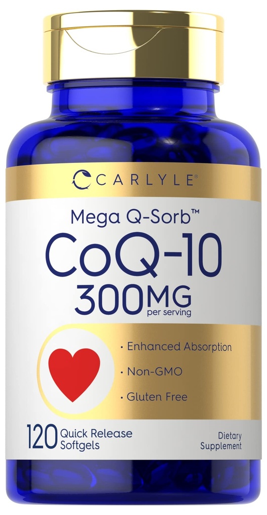 Carlyle CoQ10 300mg TEN 120 Softgels TEN Mega Q-Sorb Coenzyme Q-10 Silencio con Black Pepper Extract ANTE No GMO, Gluten Free Supplement
