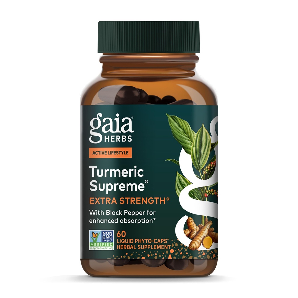 Gaia Herbs Turmeric Supreme Extra Strength - Apoya el Descomfort Ocasional de Normal Wear & Tear* - con Turmeric Curcumin " Black Pepper - 60 Vegan Liquid Phyto-Capsules (hasta 60-Day Supply)