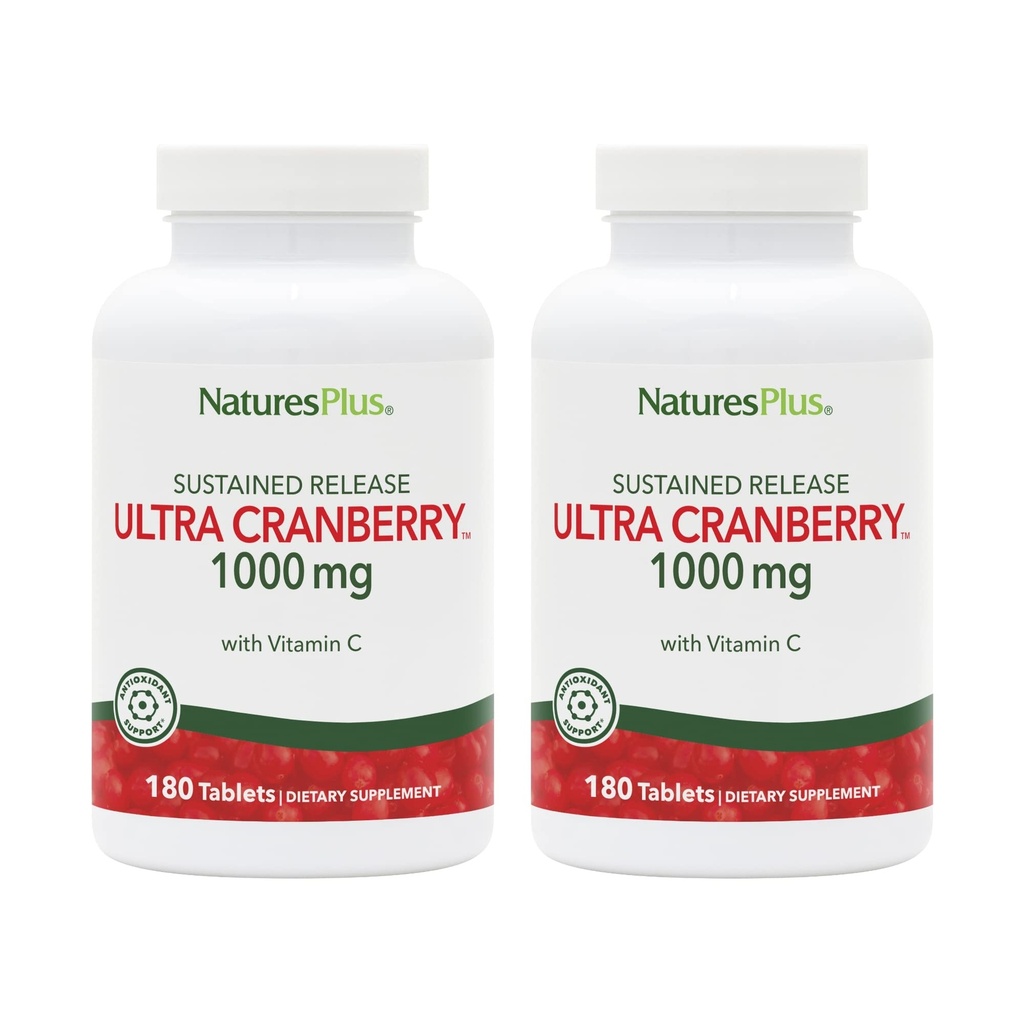 NaturesPlus Ultra Cranberry 1000-180 Tablas de liberación sostenidas, Pack of 2 - Apoya un Tract urinario saludable - No GMO, Vegetariano, Gluten Gratis - 180 Total Servings
