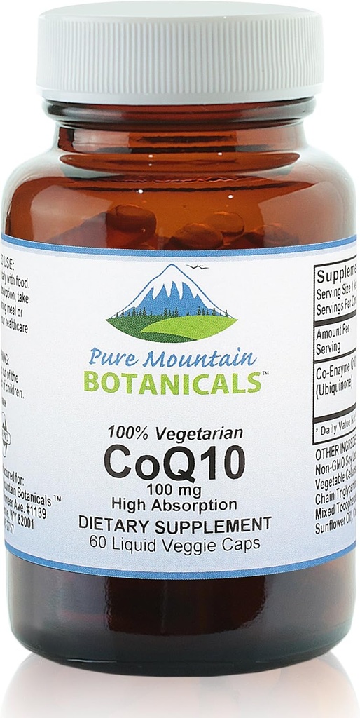 Pure Mountain Botanicals Coq10 100mg Softgels - 60 Vegan Kosher capsules con Ubiqunone Coenzyme Q10 Suplemento