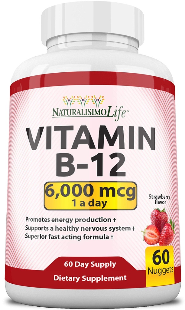 NaturalisimoLife Vitamina B12 6.000 mcg – Quick Dissolve Strawberry Flavor Nuggets – 60 Nuggets, Non-GMO, Vegan, Gluten Gratis