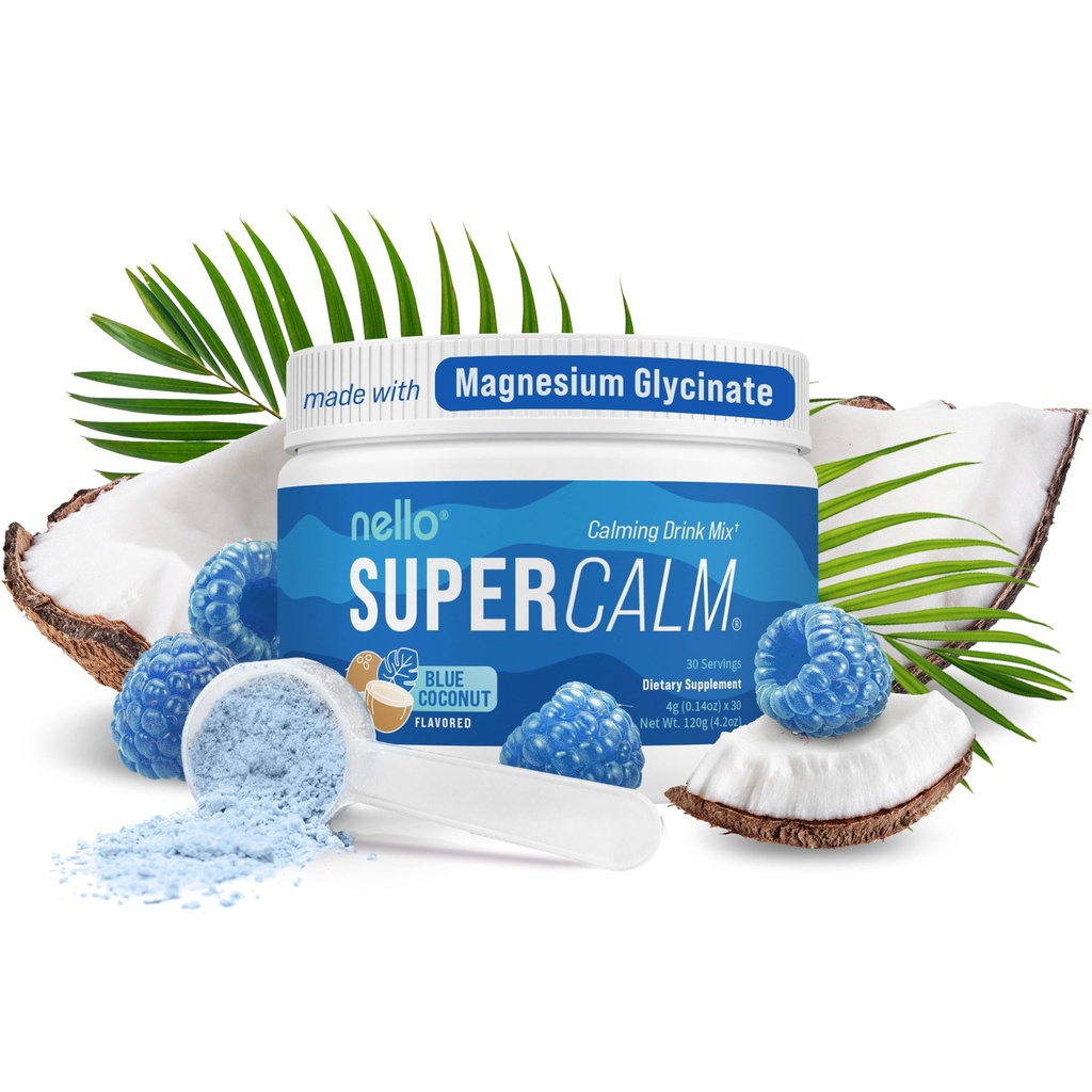 Nello Supercalm Powdered Drink Mix, Blue Coconut, L Theanine, Ksm-66 Ashwagandha, Magnesium Glycinate, Vitamina D 3, Suplementos para la relajación & Focus, No Sugar, No GMO, On The Go, 30 Srvgs