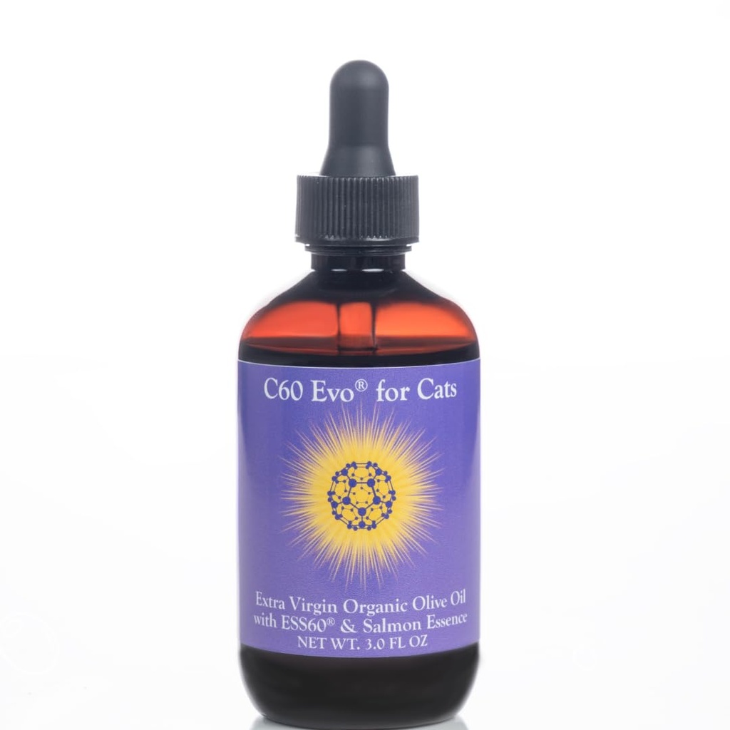 Aceite de oliva ESS60 para gatos - Aceite de oliva virgen extra orgánica, puro C60 ESS60 (.8 mg/mL) " Esencia de salmón natural para apoyar la flexibilidad de sus gatos, energía, inmunidad, longevidad - 3 oz