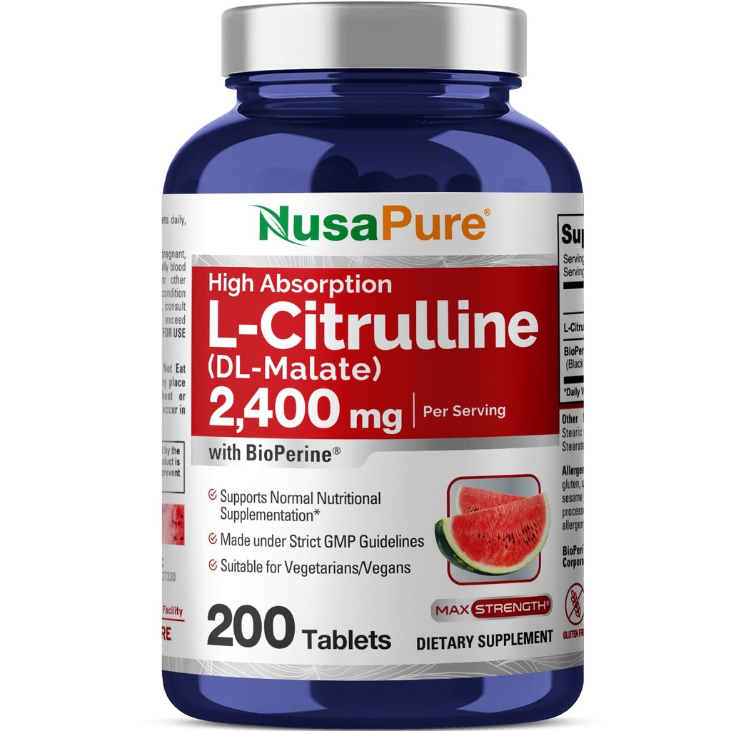 NusaPure L-Citrulline 2,400mg 200 Tabletas Vegetarianas (No-GMO, Gluten Free, 100-Day Supply, Bioperine)