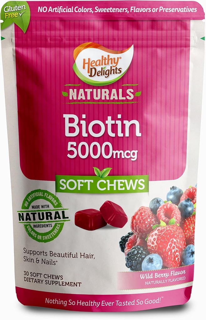 Saludables Deleites Naturales, Biotin Soft Chews, Soporta Lustrous Hair, Glowing Skin & Strong Nails, Delicious Wild Berry Flavor, 30 Conde
