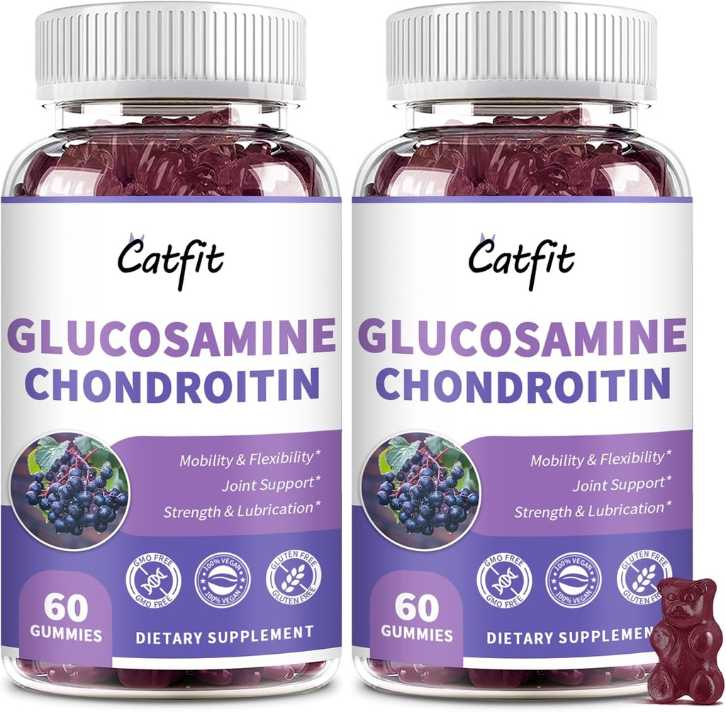 Catfit Glucosamine Chondroitin Gummies,Extra Strength Joint Health Support Supplement with MSM " Elderberry, Antioxidant Immune Support Supplement for Adults Men " Women (2 Pack)