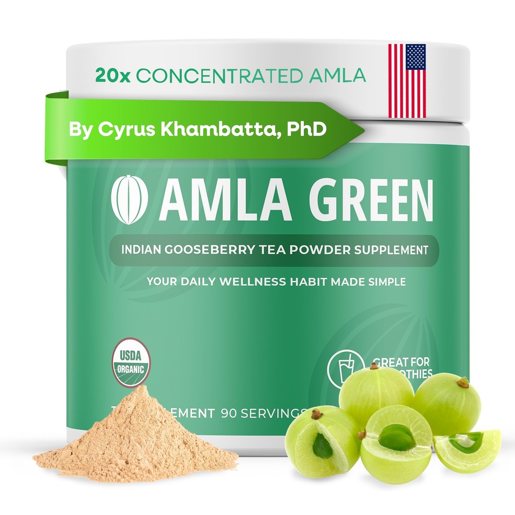 Amla Powder &amp; Green Tea Superfood Supplement, 20x Ultra Concentrated Amla, Antioxidant Support, Made with Oolong Tea and Indian Gooseberries, Organic, Vegan, Classic Flavor, 90 Servings
