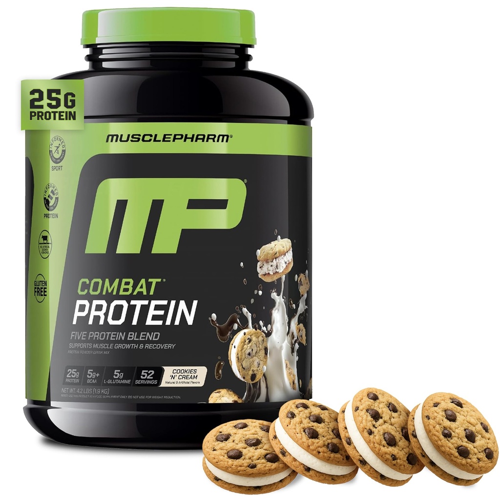 MusclePharm Combat Protein Powder, Cookies 'N' Cream Flavor, Fuels Muscles for Productive Workouts, 5 Protein Sources including Whey Protein Isolate &amp; Egg Albumin, Gluten Free, 4 lb, 52 Servings