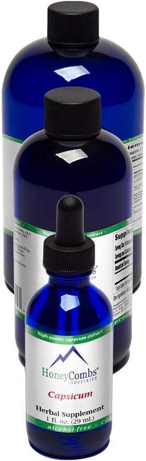 HoneyCombs Líquido Capsicum/Cayenne Pepper Suplemento de Apoyo Sangre Flujo & Corazón Salud - Cayena Orgánica gotas de pimienta – Sin alcohol, Pimienta de Cayena Presionada de frío Organic Liquid, 8 Fl Oz.