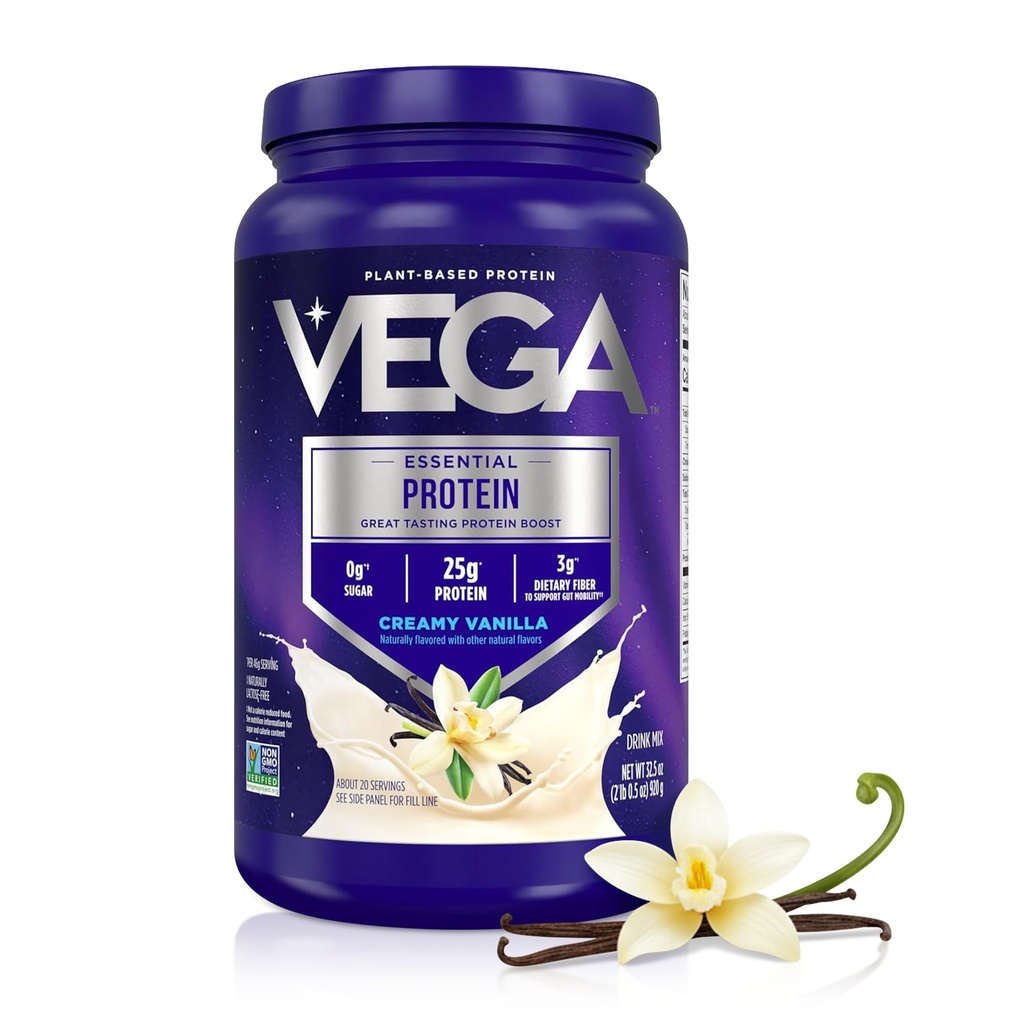 Vega Original Proteína Esencial - 25g Proteína de base vegetal, Creamy Vanilla, 20 Servings, Vegan Non-GMO Drink Mix, Smoothie & Shake List, Gluten Free, Dairy Free, 32.5oz (Packaging May Vary)