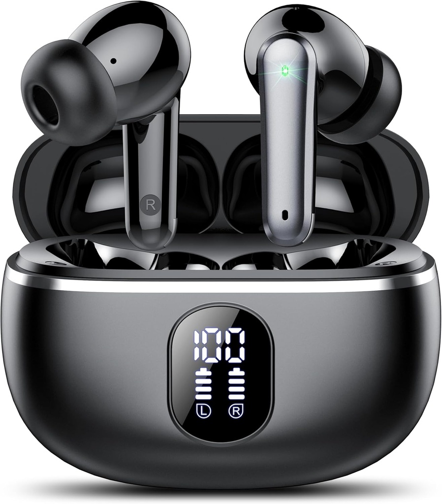 Discos inalámbricos, Bluetooth 5.3 Auriculares Big Bass Stereo, Ear Buds con pantalla LED Mic de cancelación ruido, en auriculares IP7 impermeable, 50H Tiempo de reproducción para deportes, negro