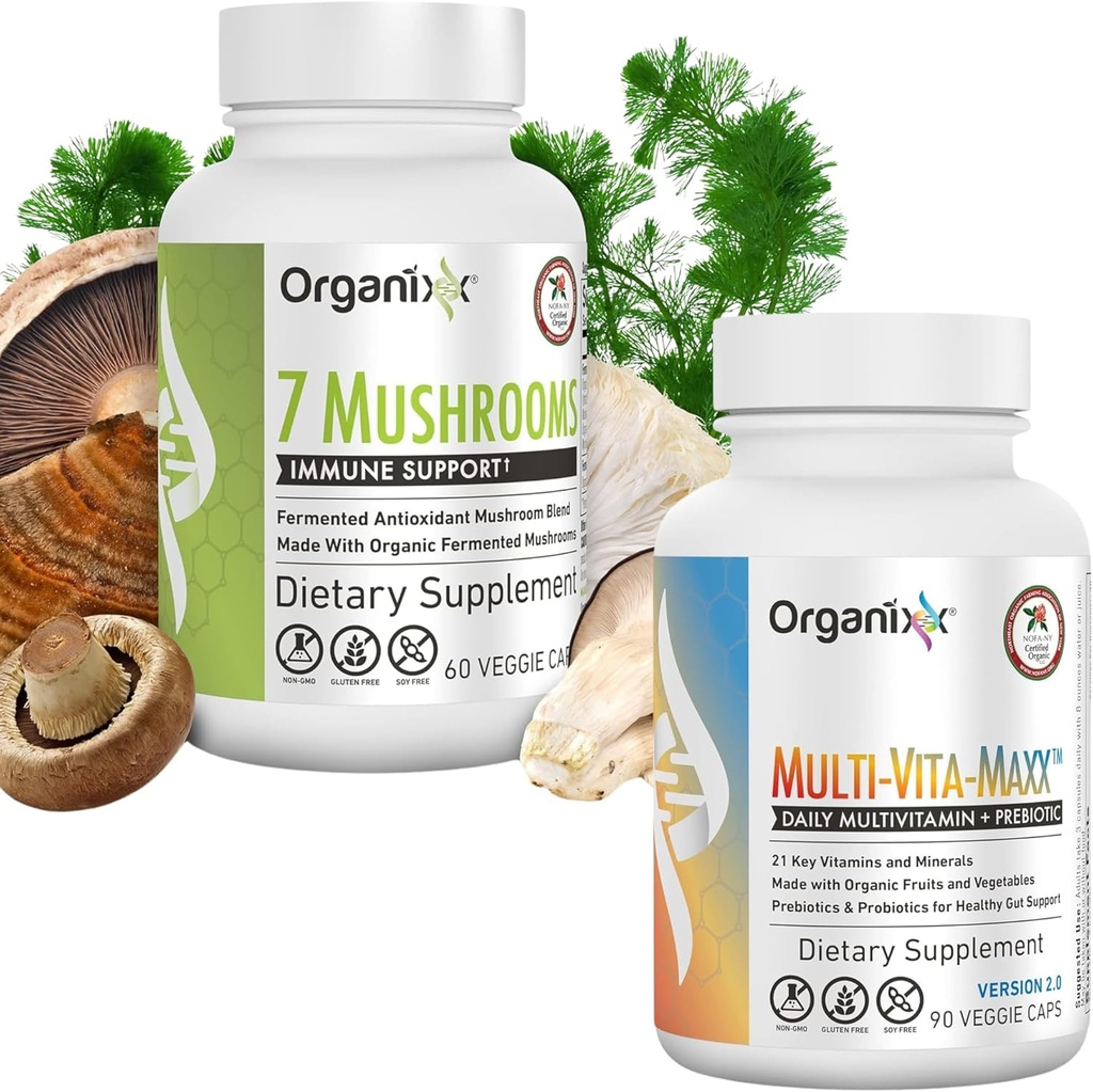 Organixx 7 Mushroom Suplemento orgánico de Mushroom (60 cápsulas vegetarianas) & Multi-Vita-Maxx Whole Food Multivitamin (90 Gel Capsules)