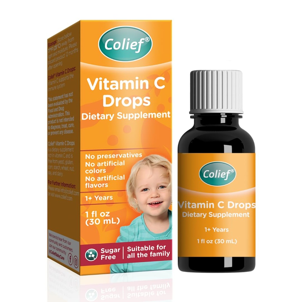 Colief Vitamina C gotas para bebés TENIDO Soporte diario para bebés Edad +1 TENIDO Diario, gluten y preservativo Libre Silencioso apoya el desarrollo de huesos saludables y dientes ANTE 600 gotas