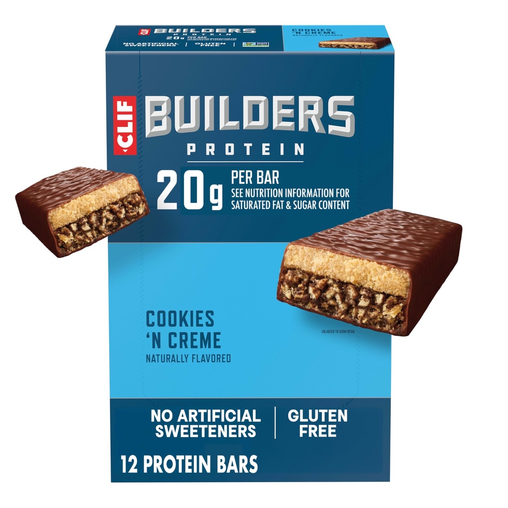 CLIF BUILDERS Protein Bares - Cookies 'n Cream Flavor - 20g Plant Based Protein - Gluten Free - Non-GMO - Low Glycemic - No Artificial Sweeteners - 2.4 oz. (12 Pack)