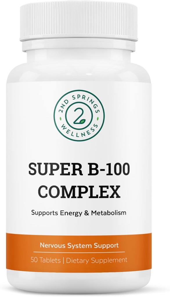 Complejo Super B-100 - Complejo de vitaminas de alta potencia B con B-6, B-12, Folate, Niacin, Biotina, Choline, Inositol y PABA para Energía, Metabolismo, Cerebro y Nerve
