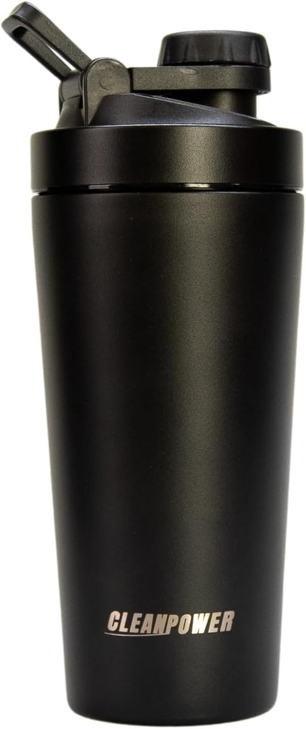 CleanPower Botella de Acero Inoxidable Ø Perfect for Protein Shakes, Pre-Workout, Smoothies, Coffee, etc. ← Odor-Resistant ← BPA Free Lid (Matte Black)