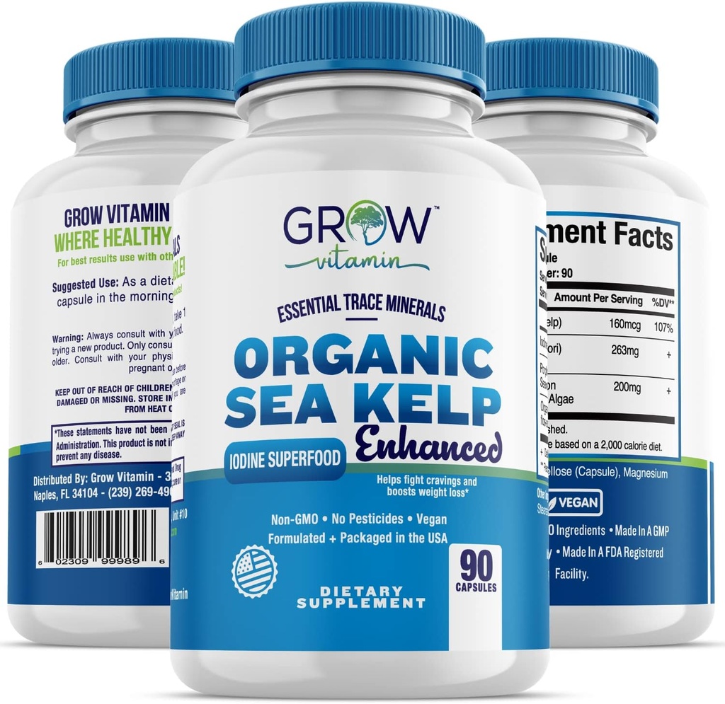 Kelp del Mar Orgánico (Icelandic) Mejorado - Soporte de Tiroides Saludable Natural Iodine Suplemento w/Organic Sea Kelp, Blue-Green Algae & Red Algae - Immune System & Metabolism Support - 90 cápsulas