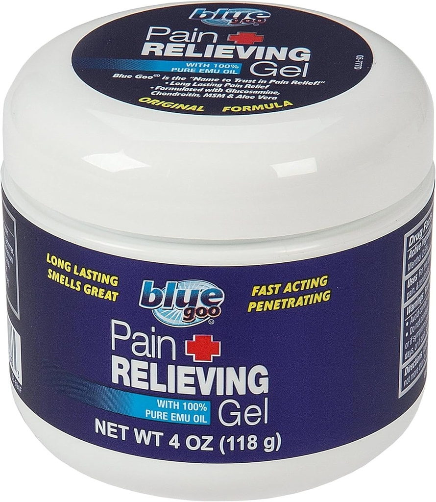 Gel de alivio del dolor de goo azul – Alivio para la espalda, cuello, musculo y dolor conjunto, enfriamiento rápido y calmante Alivio con 100% aceite de emu puro, 4 oz (1 paquete)