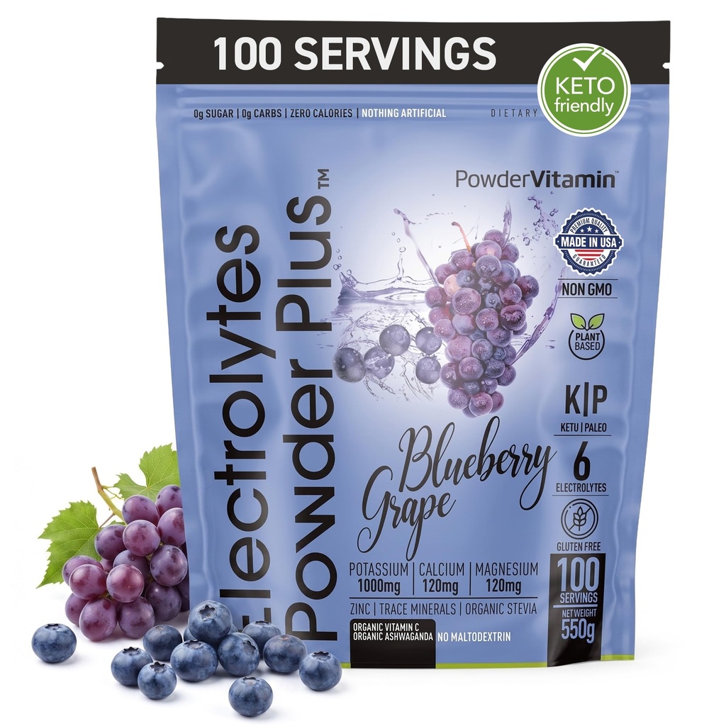 Electrolytes Powder Plus (100 Servings) Blueberry Grape Electrolyte Powder Sugar Gratis, Keto, 0 Sugar, No Maltodextrin, 1000mg Potassium,120mg Calcium,120mg Magnesio, Hidration