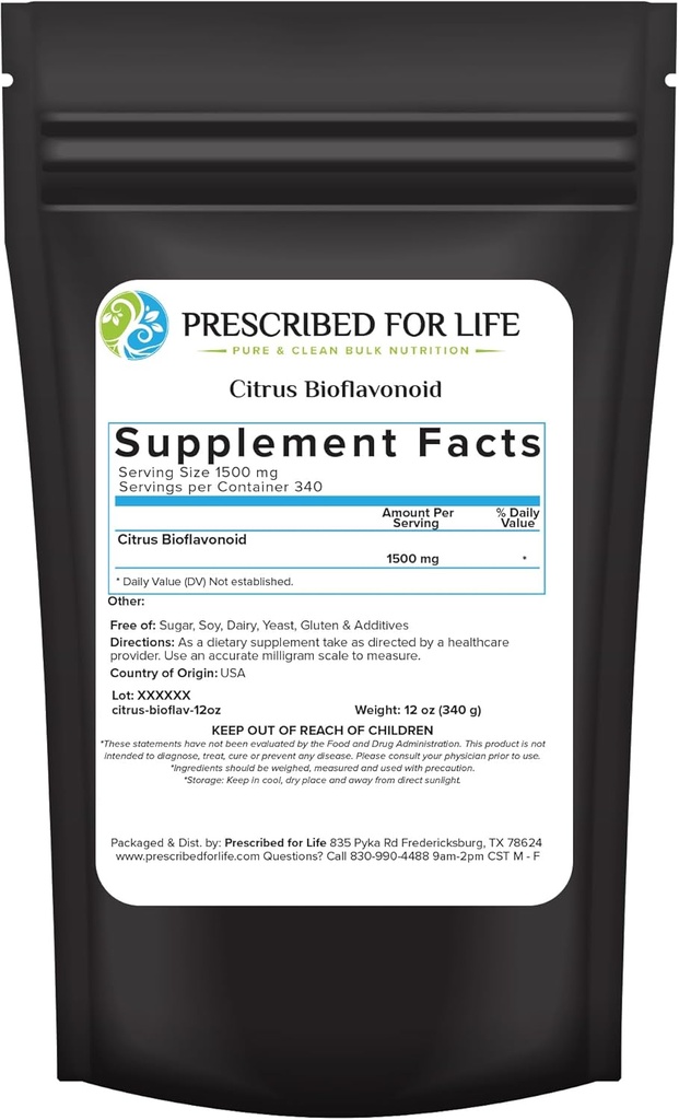 Prescrito para Citrus Bioflavonoides Polvo, Complejo Flavonoide Pure Powdered para Antioxidante, Circulación, " Apoyo a la salud del oído (Citrus Limonium, Paradisi, Sinensis) (12oz / 340g)