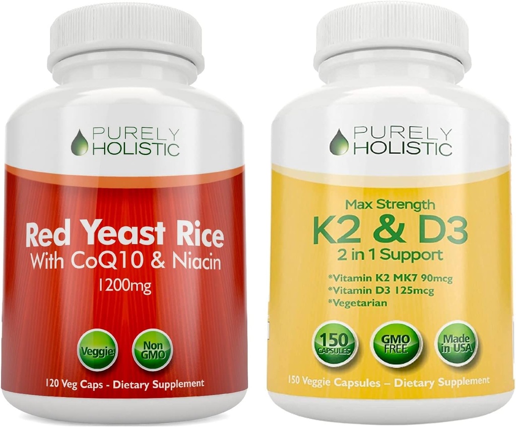 Purely Holistic Red Yeast Rice 1200mg con CoQ10 & Niacin + Vitamina D3 5000 UI (125mcg) & K2 MK7 90mcg Bundle - 270 Vegetarian Capsules - Made in USA