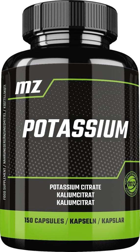 Potasio 365 mg de forma orgánica Citrato de potasio - 150 cápsulas veganos - 5 meses Suministro - Suplemento dietético para mantener la presión arterial normal y la función muscular - por MZ