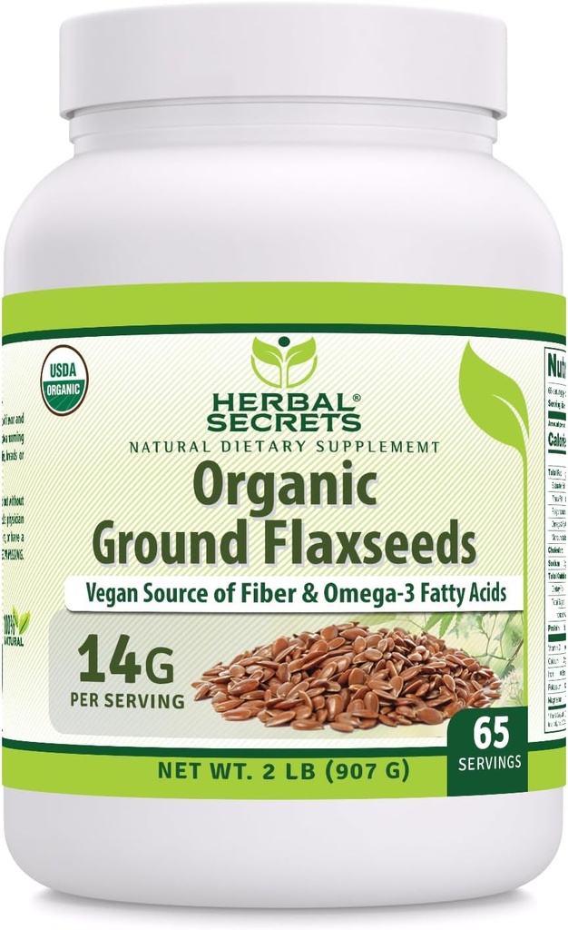 Herbal Secrets USDA Organic Ground Flaxseeds 2 Lbs Powder TEN 14 Grams Por Serving TEN 65 Servings TEN Excelente Fuente Vegan de Fiber &amp; Omega -3 Fatty Acids ← Non-GMO (2 Lb ← 1 Pack)