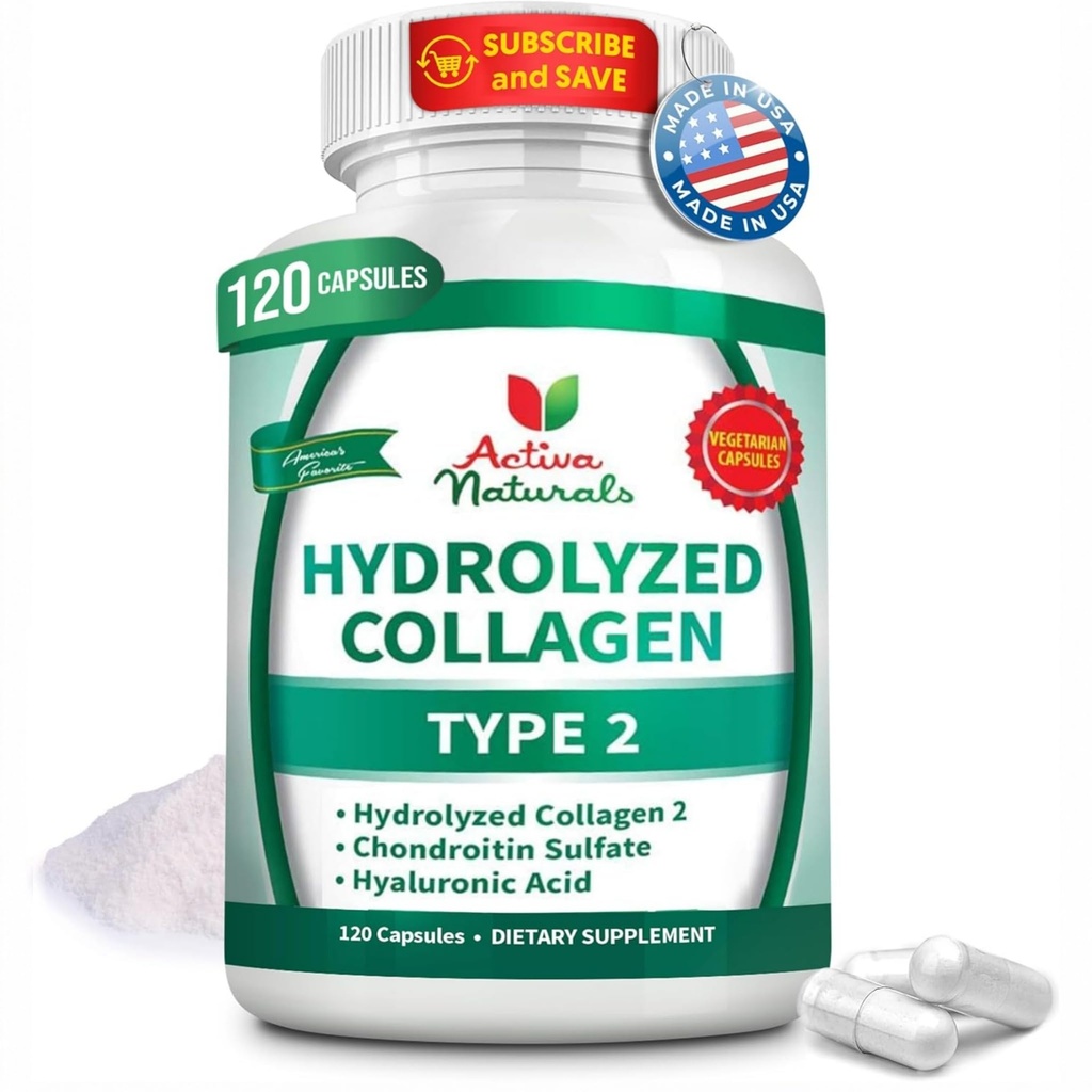 Collagen Tipo 2 Suplemento hidrolizado con condroitina e hialurónica, para el cabello sano, la piel y las uñas, sin rellenos, aditivos y sin colores artificiales - 120 cápsulas vegetarianas