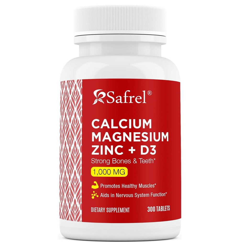 Safrel Calcio Magnesio Zinc con Vitamina D3, 300 Tabletas - Calcio 1000 mg, Magnesio 400 mg, Zinc 20 mg &amp; D3 600 UI por Serving