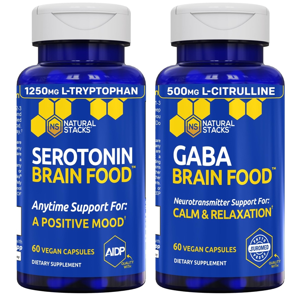 NATURAL STACKS Serotonin &amp; GABA Brain Food Bundle - Supports a Positive Mood & Calmness* - 120 Total Capsules