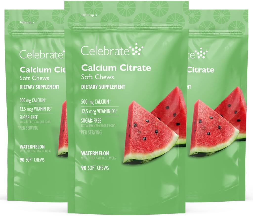 Celebrar vitaminas Bariatric 500mg Calcio Citar cerdas suaves con 500 UI Vitamina D3 – Esencial para el bypass gástrico Pacientes " Bone Health - Sugar " Gluten Free, Melon (270 Chews)