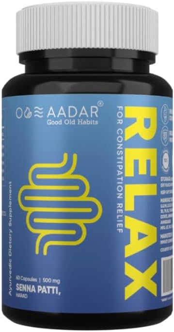 Alivio de estreñimiento AADAR Re-LAX, Apoyo a la digestión ayurvédica y cápsulas de bienestar intestinal, 60 unidades - con Senna, Harade, cápsulas de ajwain para la digestión