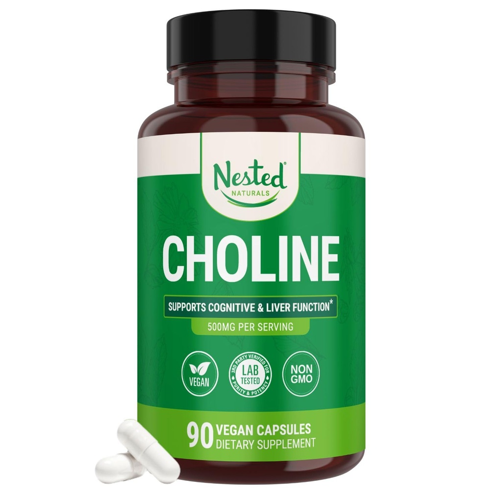 Nested Naturals Choline Bitartrate 500mg - High Potency Choline Supplements - Supports Cognitive Performance " Liver Function - 100% Vegan " Non-GMO Choline - 90 Vegan Capsules