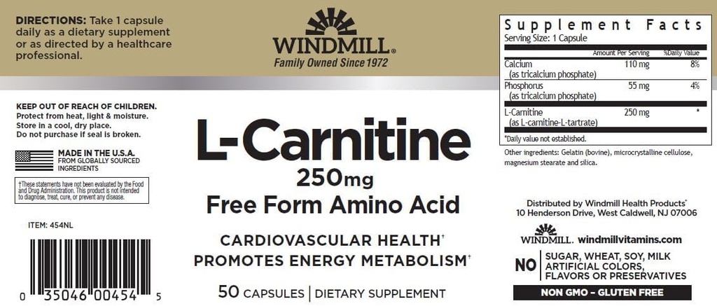 Windmill L-Carnitine 250 mg Capsules 50 Conde (3 Pack)