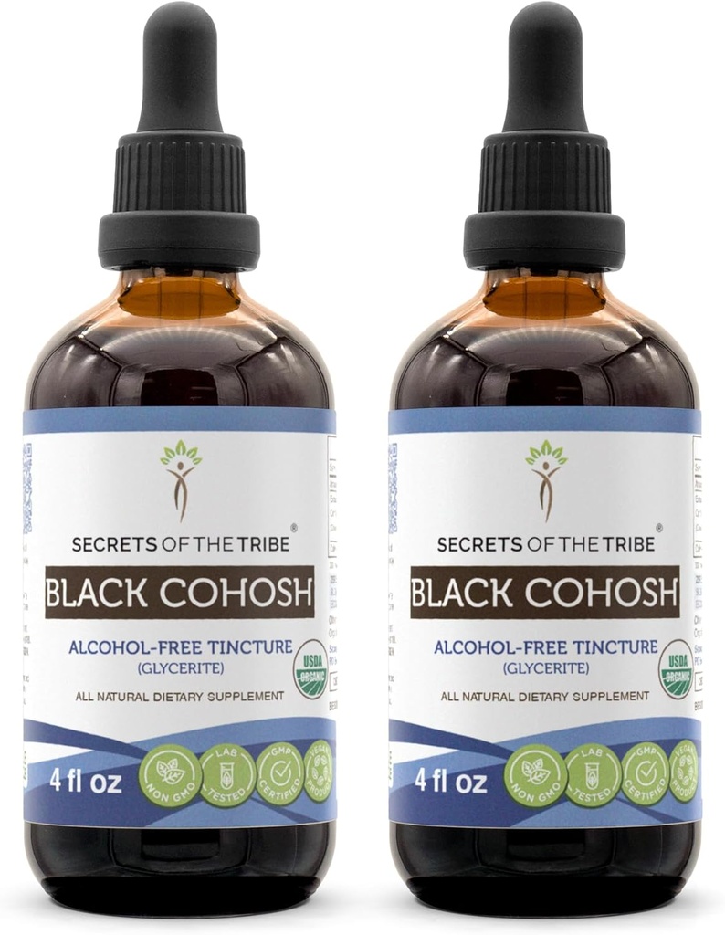Secretos de la Tribu Negro Cohosh USDA Orgánica TENIDO Extracto libre de alcohol, gotas herbales de alta potencia Silencio Hecho de 100% Certificado Orgánico Negro Cohosh (Cimicifuga Racemosa) Root seco 2x4 oz
