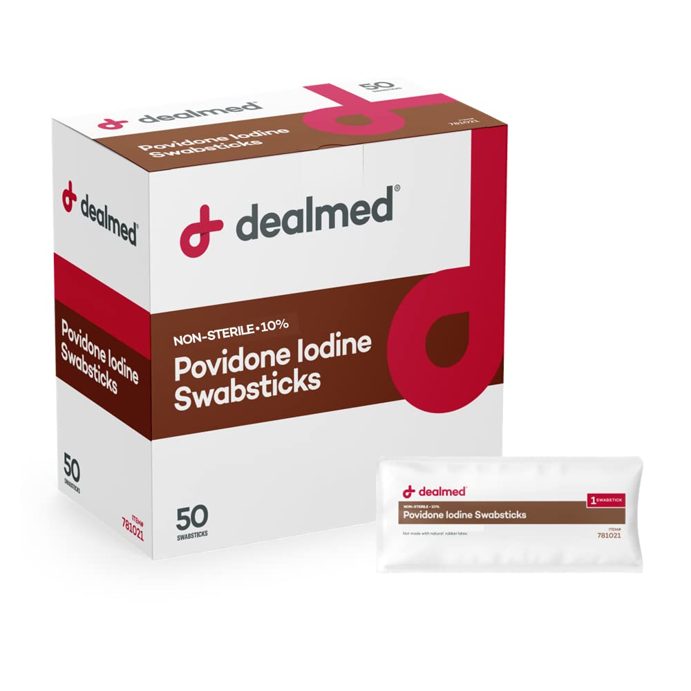 Povidone Iodine concesionado 10% Swabsticks - Empaquetaduras selladas individualmente Perfecto para el cuidado de heridas y kits de primeros auxilios portátiles, 50/Box (Pack of 1)