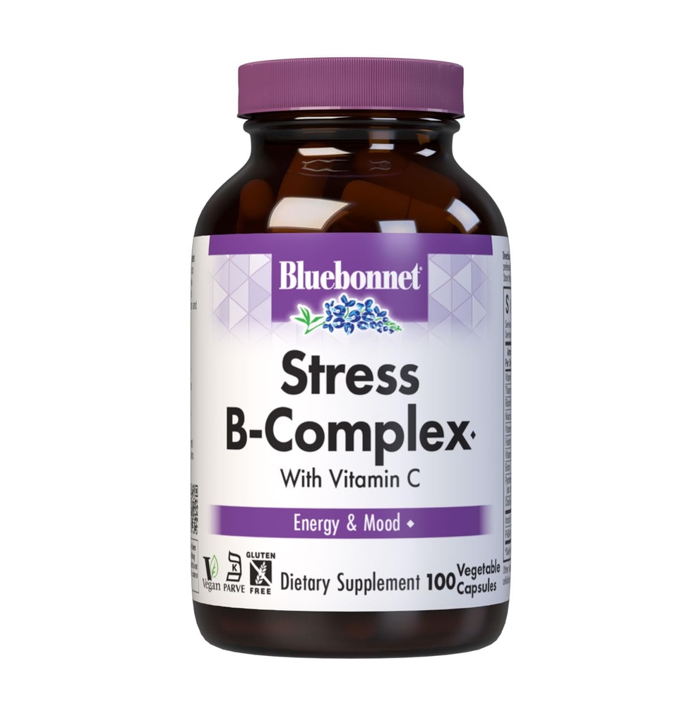 Bluebonnet Nutrition Stress Relief B Complex Vegetable Capsules, Vitamina B6, B12, Biotin, Folate, Vegan, Gluten &amp; Soy & Milk Gratis, Kosher, Unflavored, 100 Cuenta