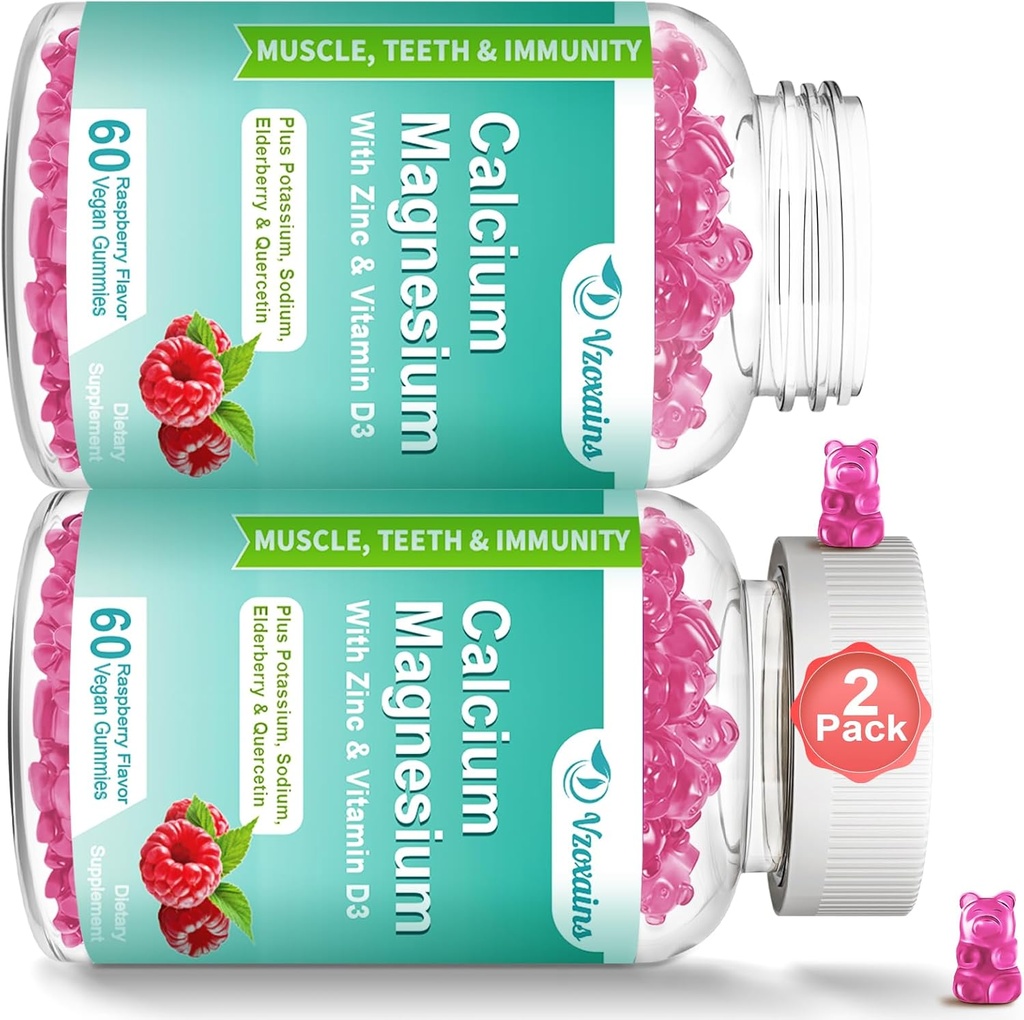 Alta Absorción Calcio Magnesio Zinc Gummies con Magnesio Glycinate 400mg, Sugar Suplemento de magnesio de calcio gratis para la fuerza de hueso y dientes, Función muscular - Vegan, 120 Conde