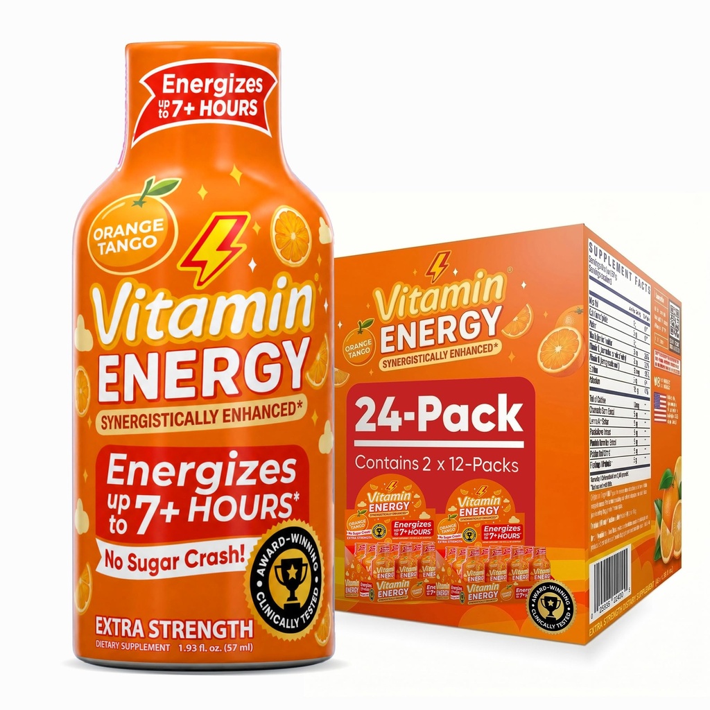 Vitamin Energy Immune+ Extra Strength Energy Shot Orange Burst 24 Pack, 260mg Natural Caffeine, B-Vitamins, Citicoline, Green Tea, Immunity & Focus Support Zero Sugar, Gluten-Free 1.93 fl oz