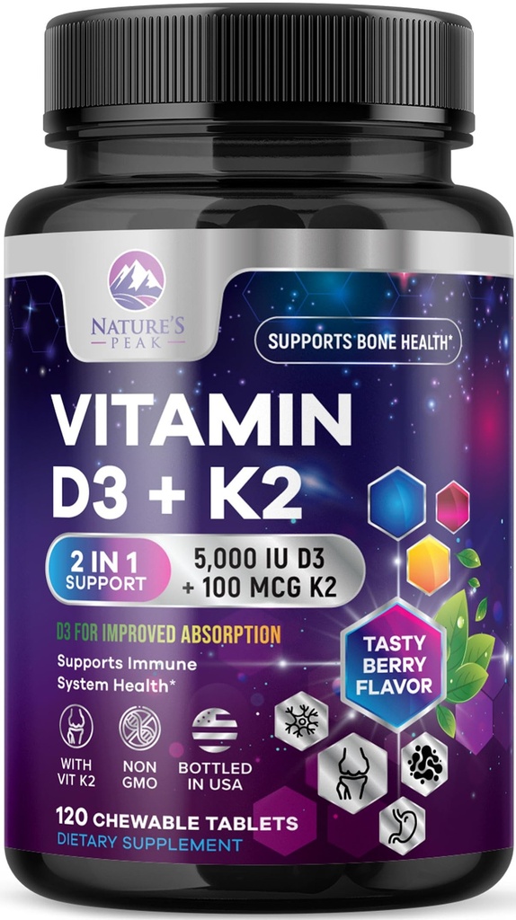 Vitamina D3 K2 - 5000 iu Vitamina D3 &amp; 100 mcg Vitamina K2 (MK-7) Complejo para soporte inmunitario - Bono, dientes &amp; Muscle Health Support - Berry Chewable, Gluten Free, Non-GMO, Botellado en EE.UU. - 120 Tabletas