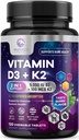 Vitamina D3 K2 - 5000 iu Vitamina D3 &amp; 100 mcg Vitamina K2 (MK-7) Complejo para soporte inmunitario - Bono, dientes &amp; Muscle Health Support - Berry Chewable, Gluten Free, Non-GMO, Botellado en EE.UU. - 120 Tabletas