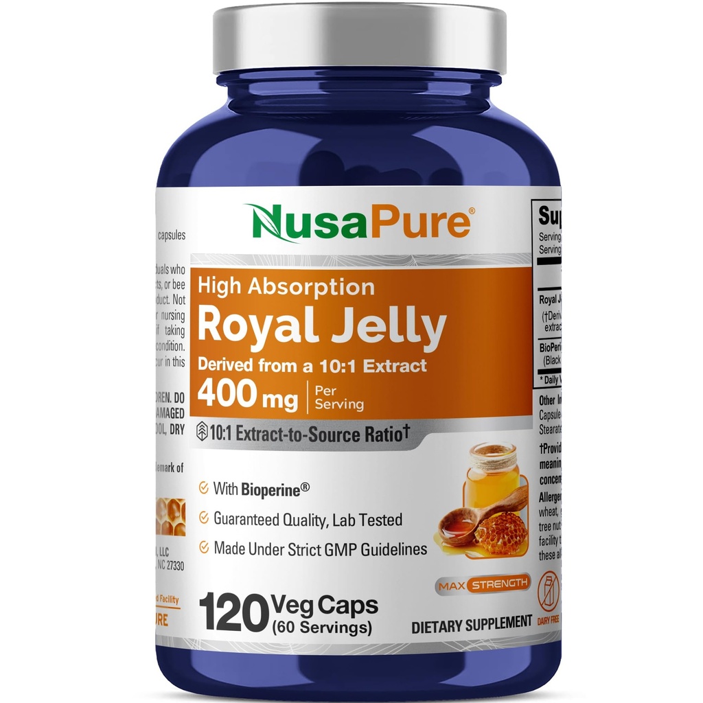 NusaPure Royal Jelly 10:1 Extracto, 400 mg Equivalente a 4000mg - 120 Veggie Capsules (No-GMO, Gluten Free, Bioperine)