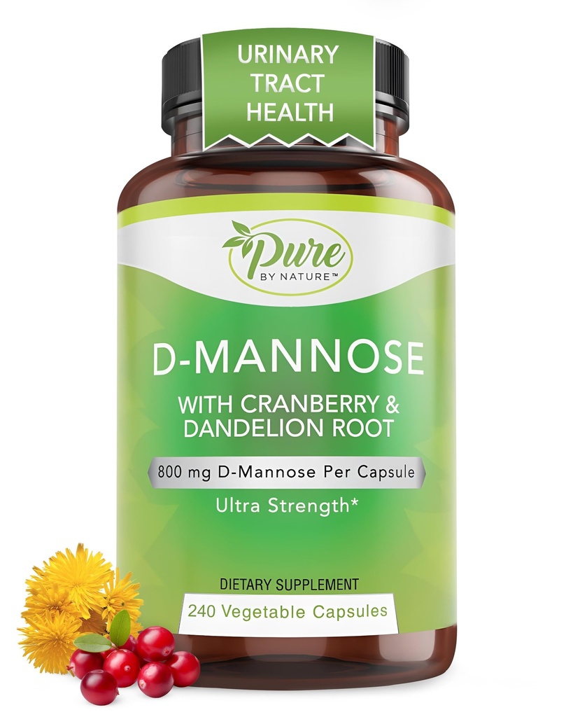 Pure By Nature 600mg D-Mannose Vegan Capsules with Cranberry &amp; Dandelion Extract, Urinary Tract Health Support, Flush Impurity, Detox Body, 240 Count