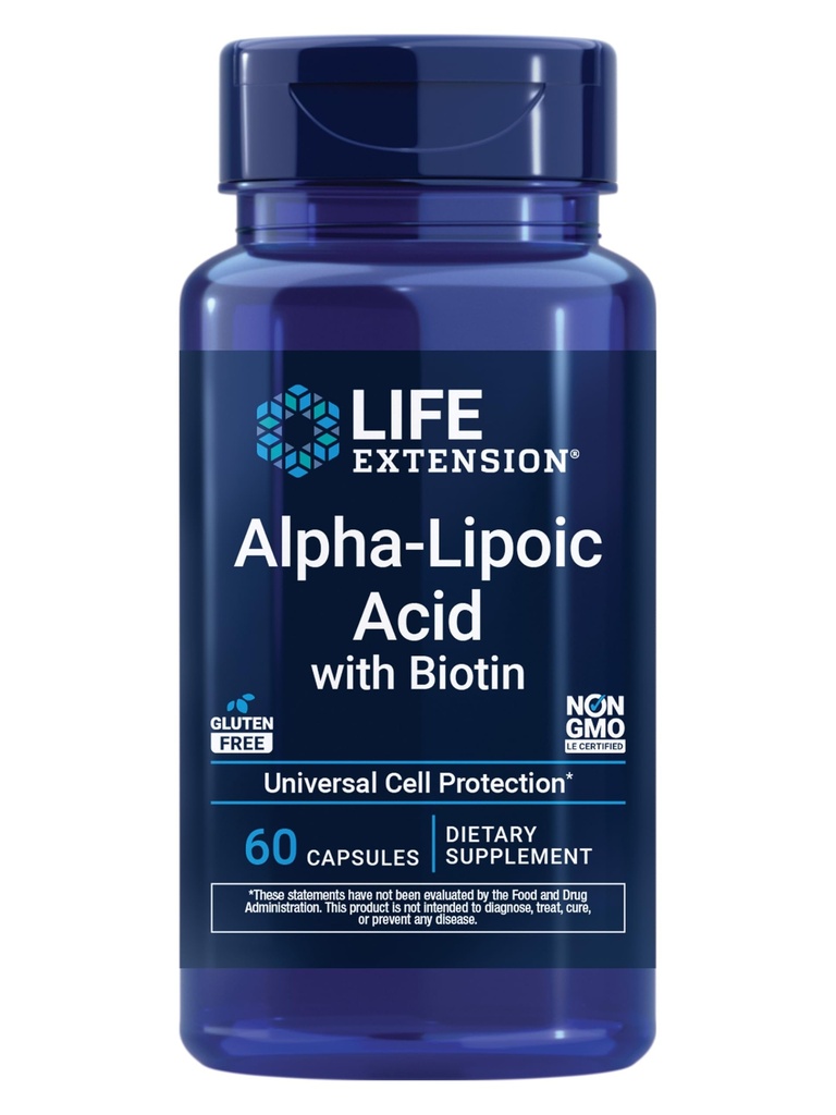 Extensión de la vida Ácido alfa-Lipoico con Biotina, para la protección celular, antioxidante universal para la salud del hígado, libre de gluten, no transgénico, 60 cápsulas