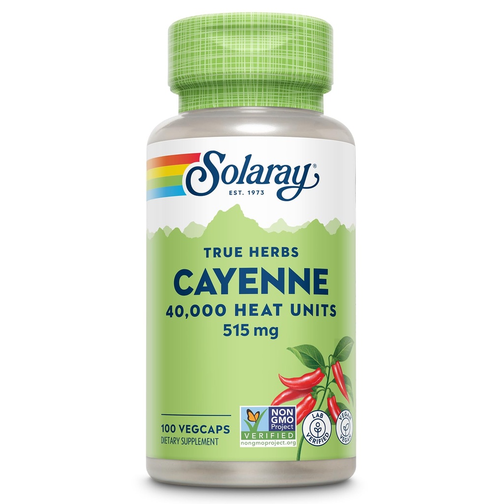 SOLARAY Cayenne Pepper Capsules con Capsaicina - Suplementos de Capsaicina para Potente Wellness Soporte - 40.000 Unidades de Calor por VegCap - Vegan, No-GMO, Gluten-Free, 60-Day Guarantee, 100 Servings